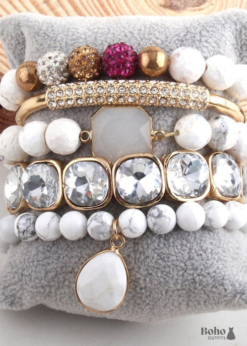 Boho Bracelet, RH Bracelet Set, Cubic Zircon Ball, Natural Stones Ball in Black and White